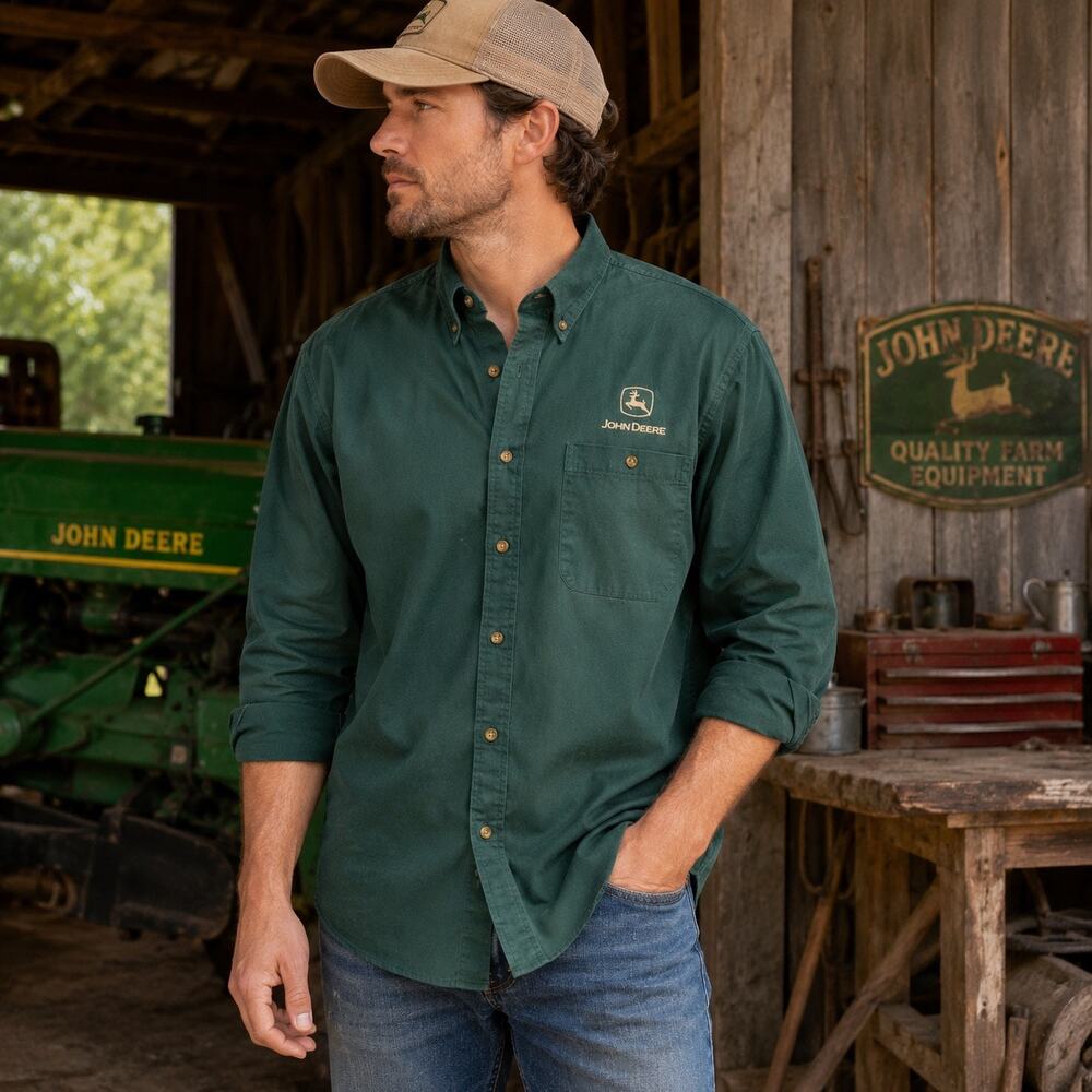 John Deere Button Down Shirt XL Green Embroidered Logo Workwear Cotton Blend